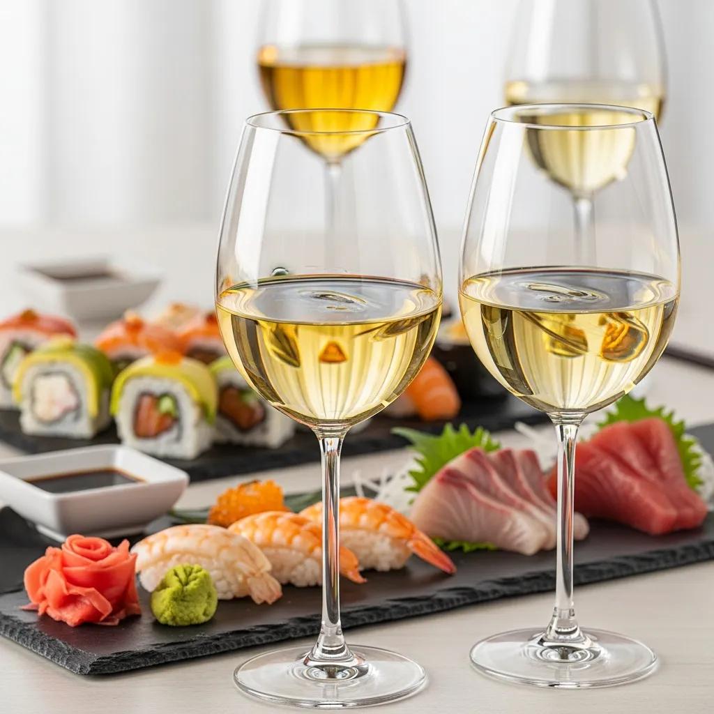 An artistic display of white wine varietals in clear glasses, paired with fresh seafood dishes like sushi and sashimi, highlighting their compatibility.