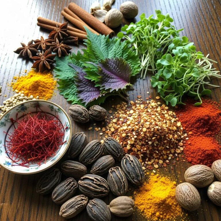 An assortment of exotic spices and herbs including saffron, black cardamom, and shiso, representing gourmet cuisine