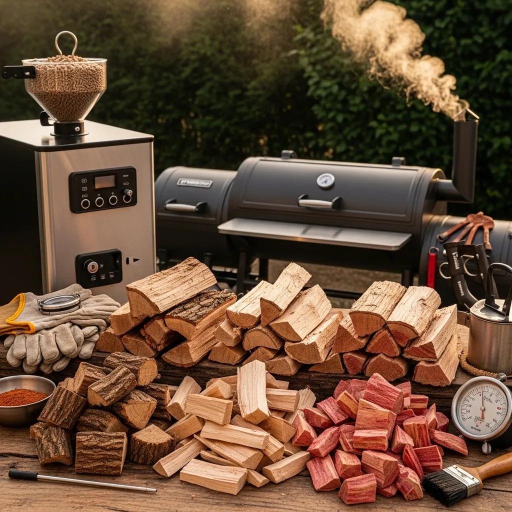 Assortment of smoking woods including hickory, apple, and cherry, alongside a pellet smoker and offset smoker, with grilling tools and spices, illustrating smoking techniques for meats.