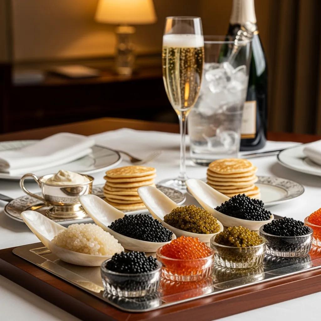 Elegant arrangement of assorted caviar varieties with blinis, cr&egrave;me fra&icirc;che, and champagne, embodying luxury dining experiences at Kaviar Pasadena.