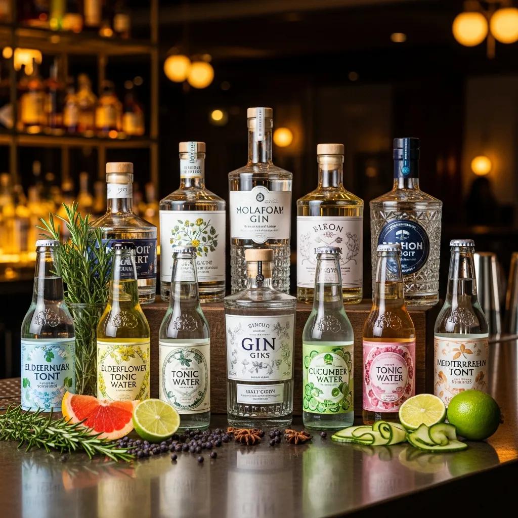 Elegant display of craft gins and artisanal tonics with garnishes, showcasing contemporary beverage trends in a fine dining context.