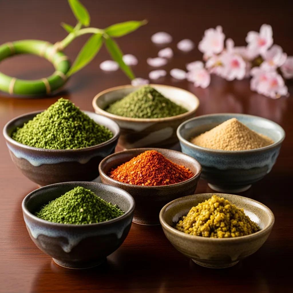 An elegant arrangement of Japanese seasonings&mdash;sansho, shichimi togarashi and yuzu kosho&mdash;presented in small bowls to highlight texture and aroma.
