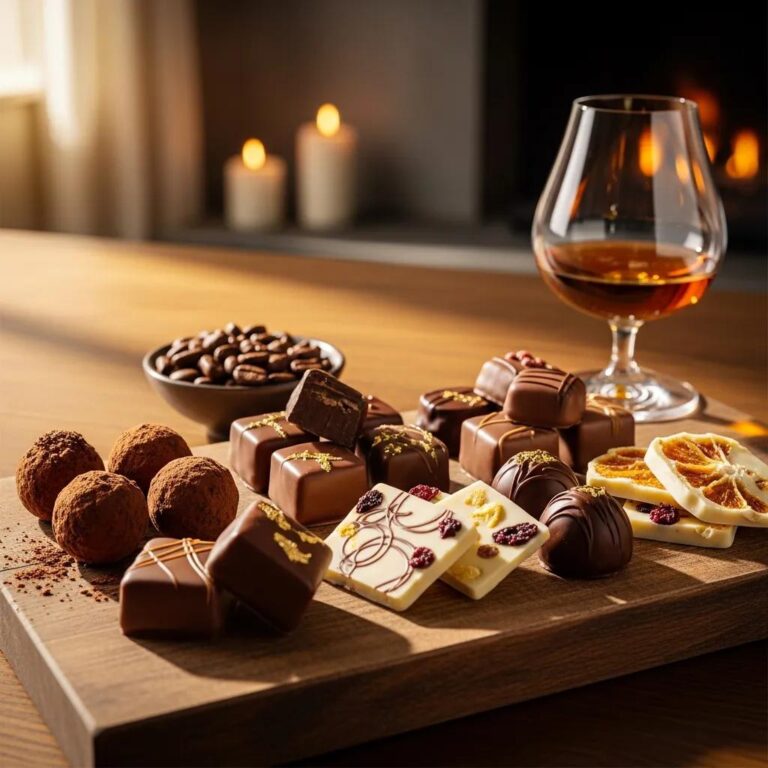 An elegant display of premium chocolates on a tasting board, emphasizing the variety and quality of fine chocolate.