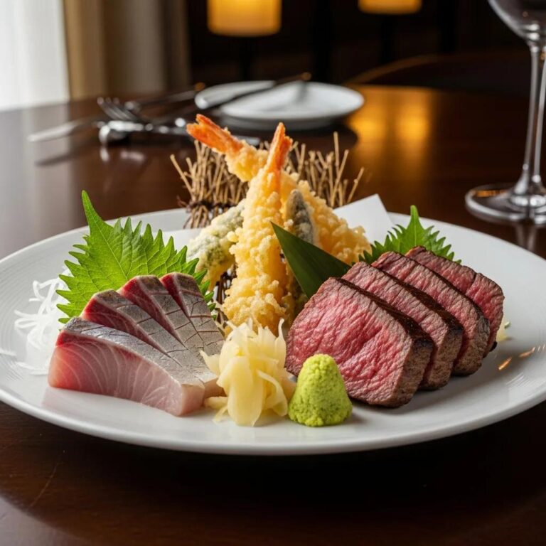 Elegant plate featuring A5 wagyu beef, sashimi, tempura, and garnishes, highlighting sensory dining experiences at Kaviar Restaurants.