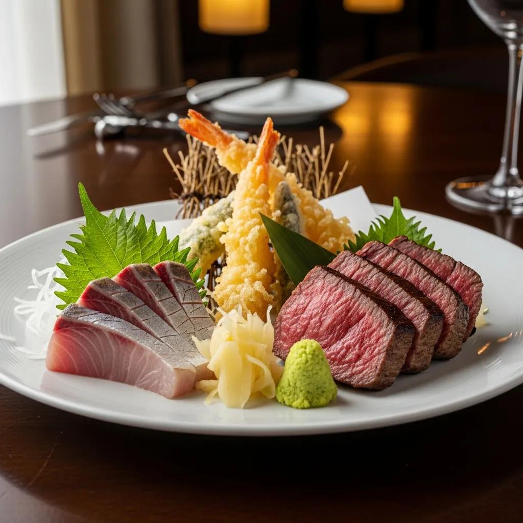 Elegant plate featuring diverse textures of sashimi, tempura, and A5 Wagyu beef, highlighting sensory dining experiences at Kaviar Restaurants in Pasadena.
