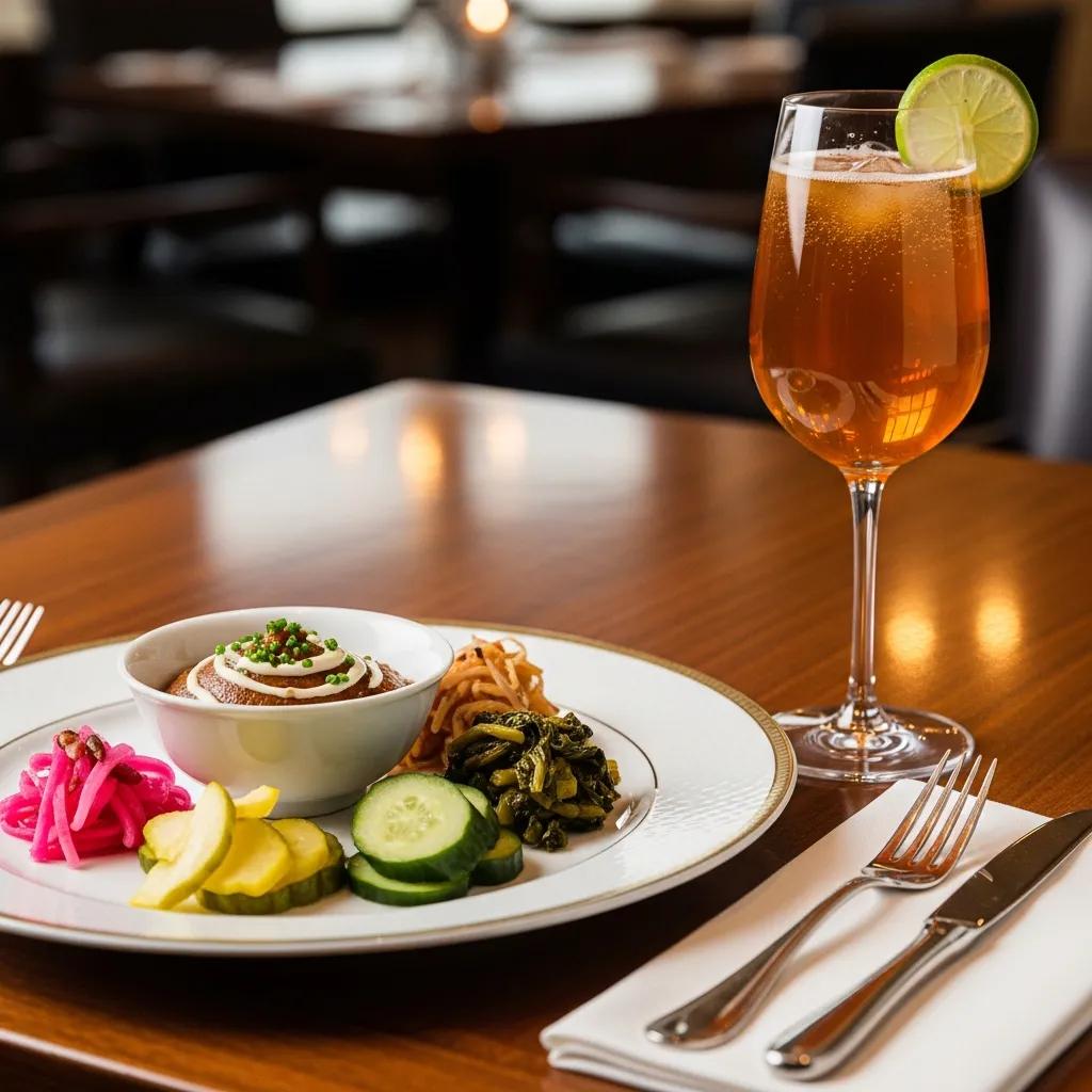 An elegant presentation of fermented gourmet foods showcasing miso, tsukemono, and kombucha in a fine dining setting