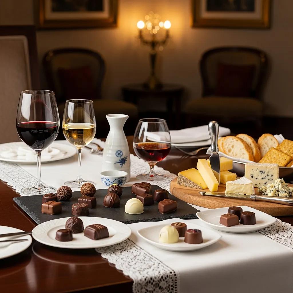 A refined table setting with chocolate paired alongside wine and cheese, illustrating elevated tasting experiences.