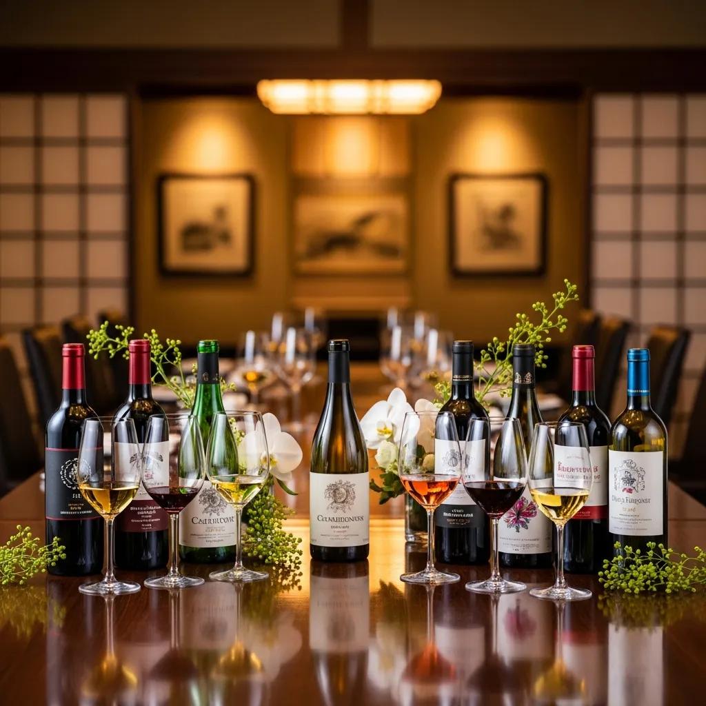 Elegant table setting featuring various wine bottles and glasses, showcasing different wine varietals, accentuated with floral decorations, emphasizing fine dining and wine pairing at Kaviar Restaurants.