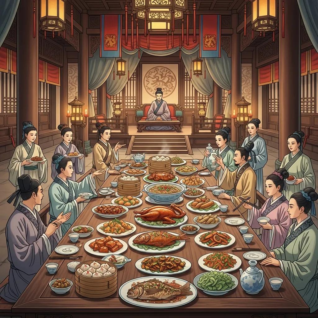 Historic banquet scene with lacquered dishes and guests gathered for a ceremonial meal