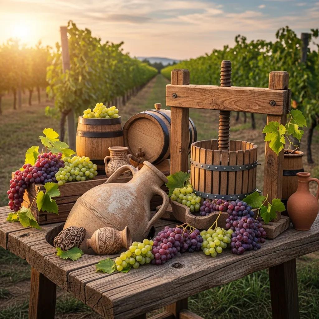 Ancient winemaking tools and grapes in a rustic vineyard setting, showcasing the origins of wine production