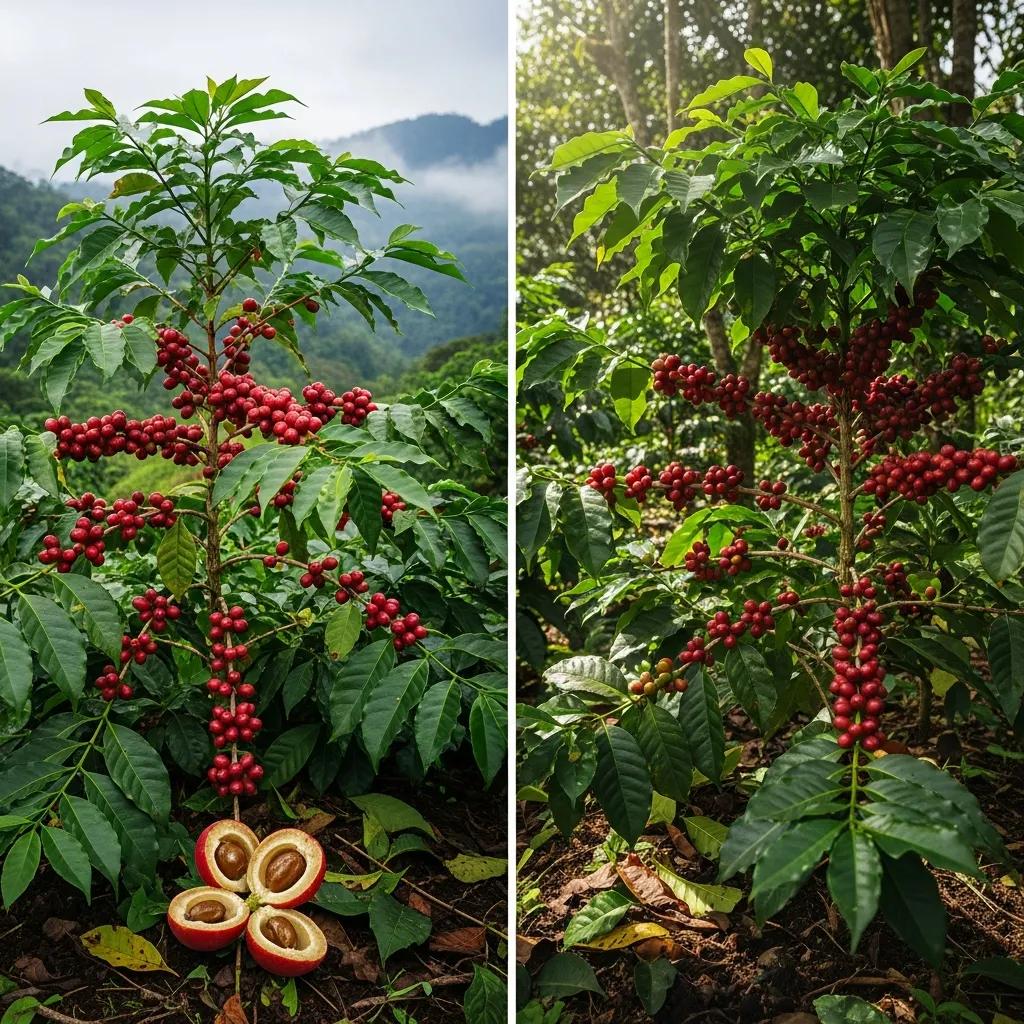Arabica and Robusta plants with ripe cherries on the branch, illustrating primary coffee species and their growing environments