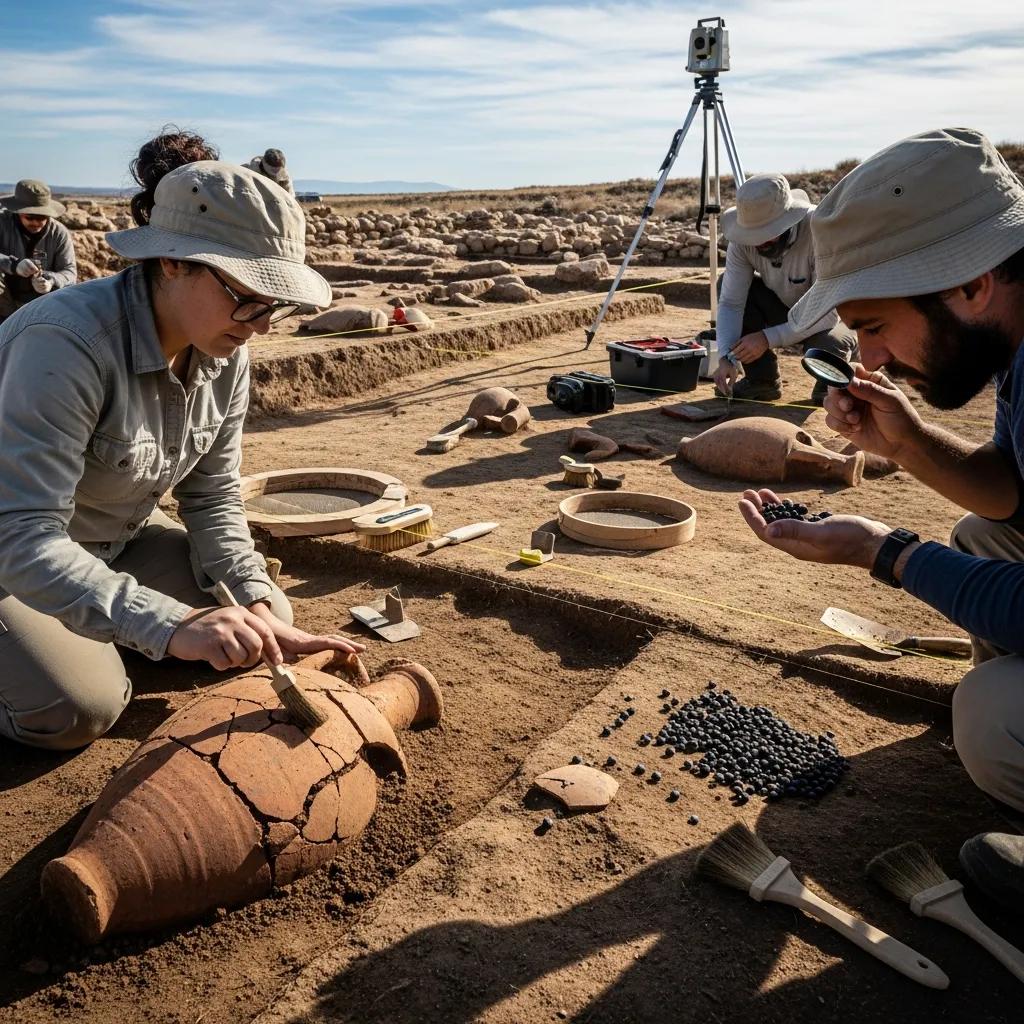 Archaeologists inspecting pottery and grape remains at a dig site, revealing traces of early winemaking