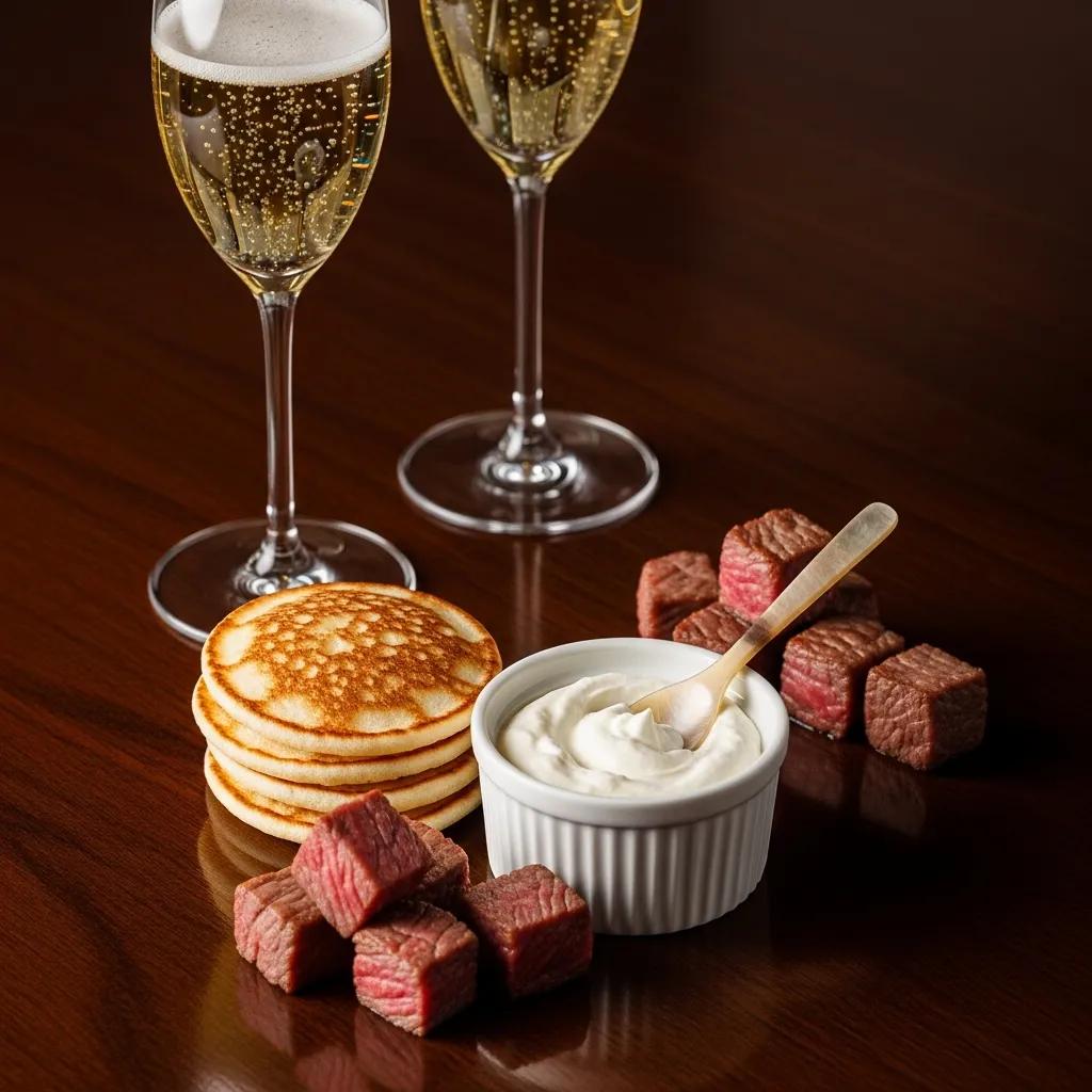 Caviar service with champagne, blinis, and a small Wagyu accent