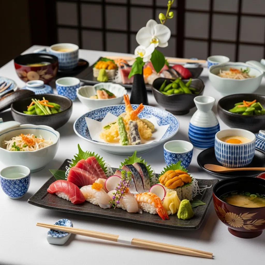 An artful Japanese fine-dining arrangement with sushi and traditional dishware, highlighting cultural dining etiquette