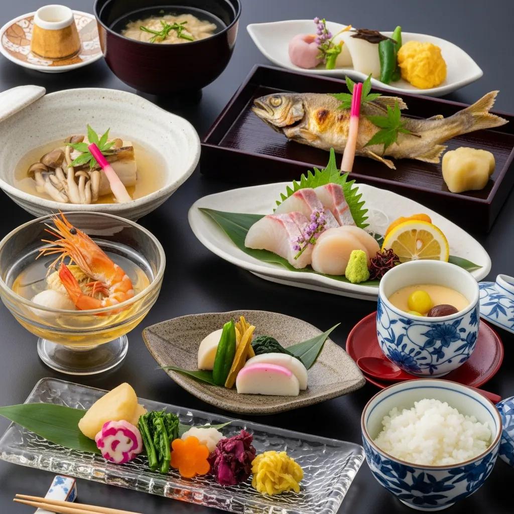 Artfully arranged kaiseki meal showcasing seasonal ingredients, delicate seafood, and vibrant garnishes, reflecting Japanese fine dining's influence on global cuisine.