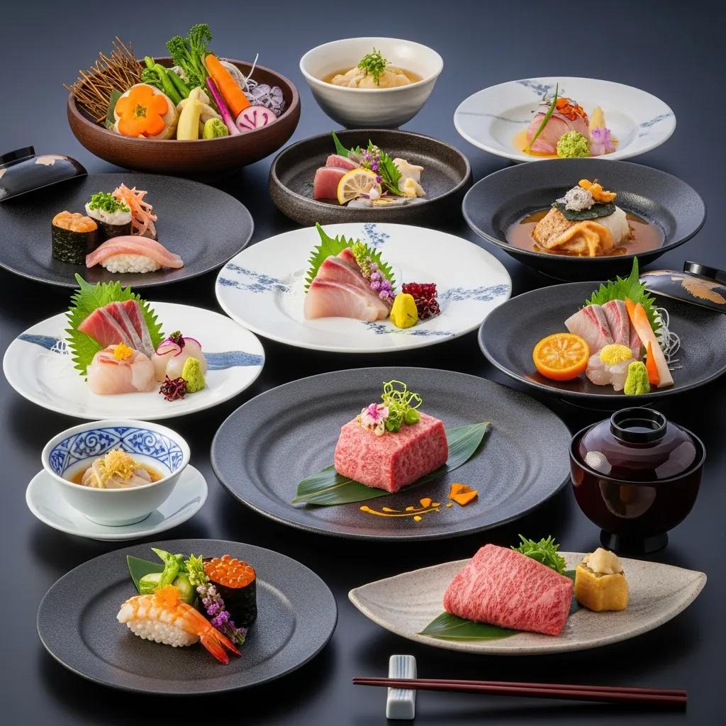 A composed omakase progression featuring sushi, sashimi, and an A5 Wagyu course