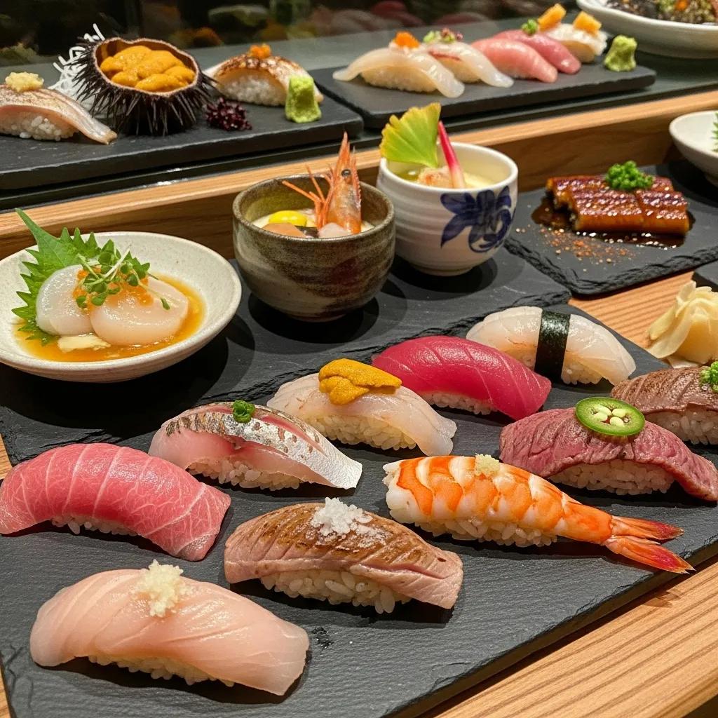 Artfully arranged omakase tasting menu featuring seasonal nigiri, small plates, and garnishes, showcasing culinary artistry for a luxury dining experience at Kaviar Restaurants.