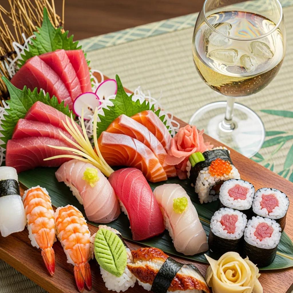 Sushi and sashimi plated next to a glass of white wine — thoughtful pairings for Japanese dishes