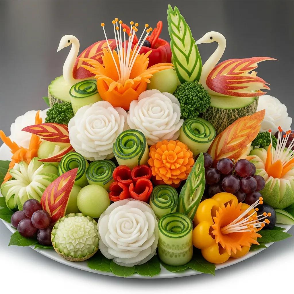 Delicately carved vegetables showing mukimono techniques used in Japanese plating