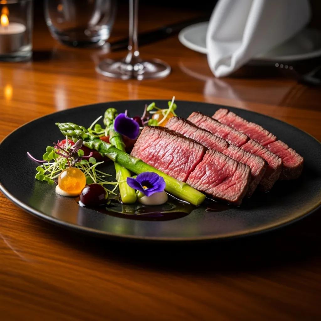 Artfully plated A5 Wagyu beef slices accompanied by asparagus, vibrant edible flowers, and colorful garnishes, set in an elegant fine dining environment.