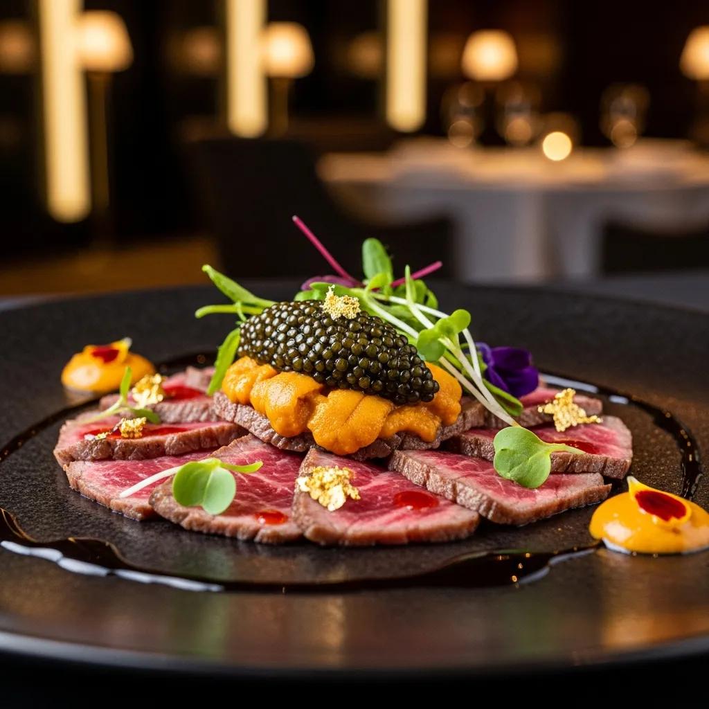Artfully plated dish from Kaviar Restaurant featuring A5 Wagyu beef, Kaluga caviar, and uni, garnished with microgreens and edible gold, exemplifying luxury Japanese cuisine and textural contrasts.