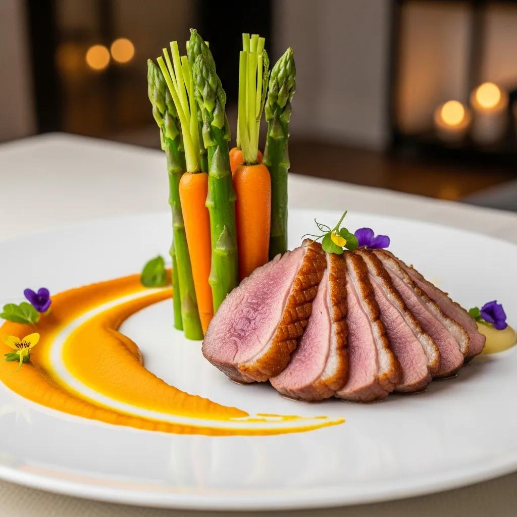 A single artfully plated gourmet dish showing balance, negative space, and fine garnishes