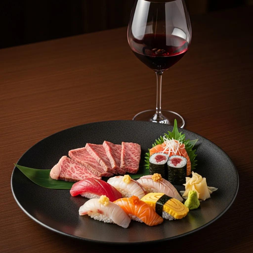Plated Japanese courses paired with wine, illustrating pairing principles for delicate and luxurious flavors