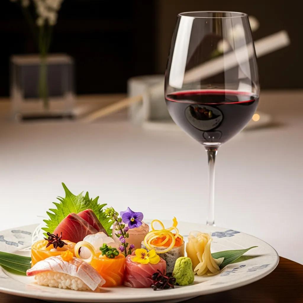 Artfully plated Japanese sushi assortment with vibrant garnishes, accompanied by a glass of red wine, illustrating fine dining and wine pairing at Kaviar Restaurants.