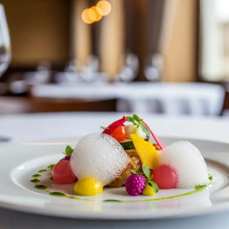 Artfully plated molecular gastronomy dish featuring spherification pearls, foams, and vibrant garnishes, showcasing culinary innovation in luxury dining.