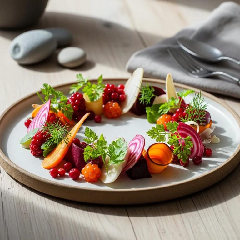 Artfully plated New Nordic Cuisine with seasonal ingredients highlighting local sourcing and culinary artistry