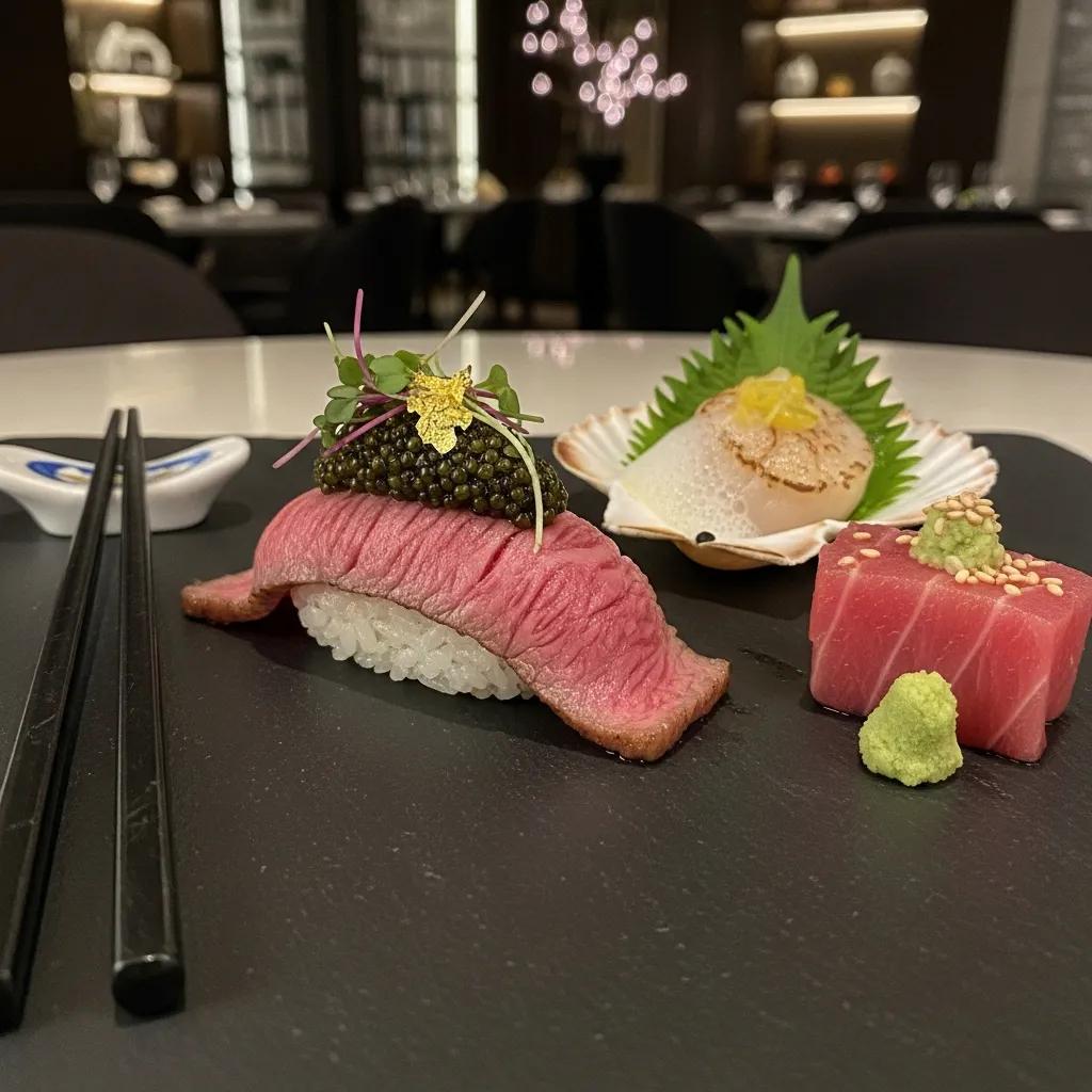 Artfully plated omakase dish featuring A5 Wagyu sushi topped with caviar, accompanied by sashimi and garnishes, representing luxury dining at Kaviar Restaurant.