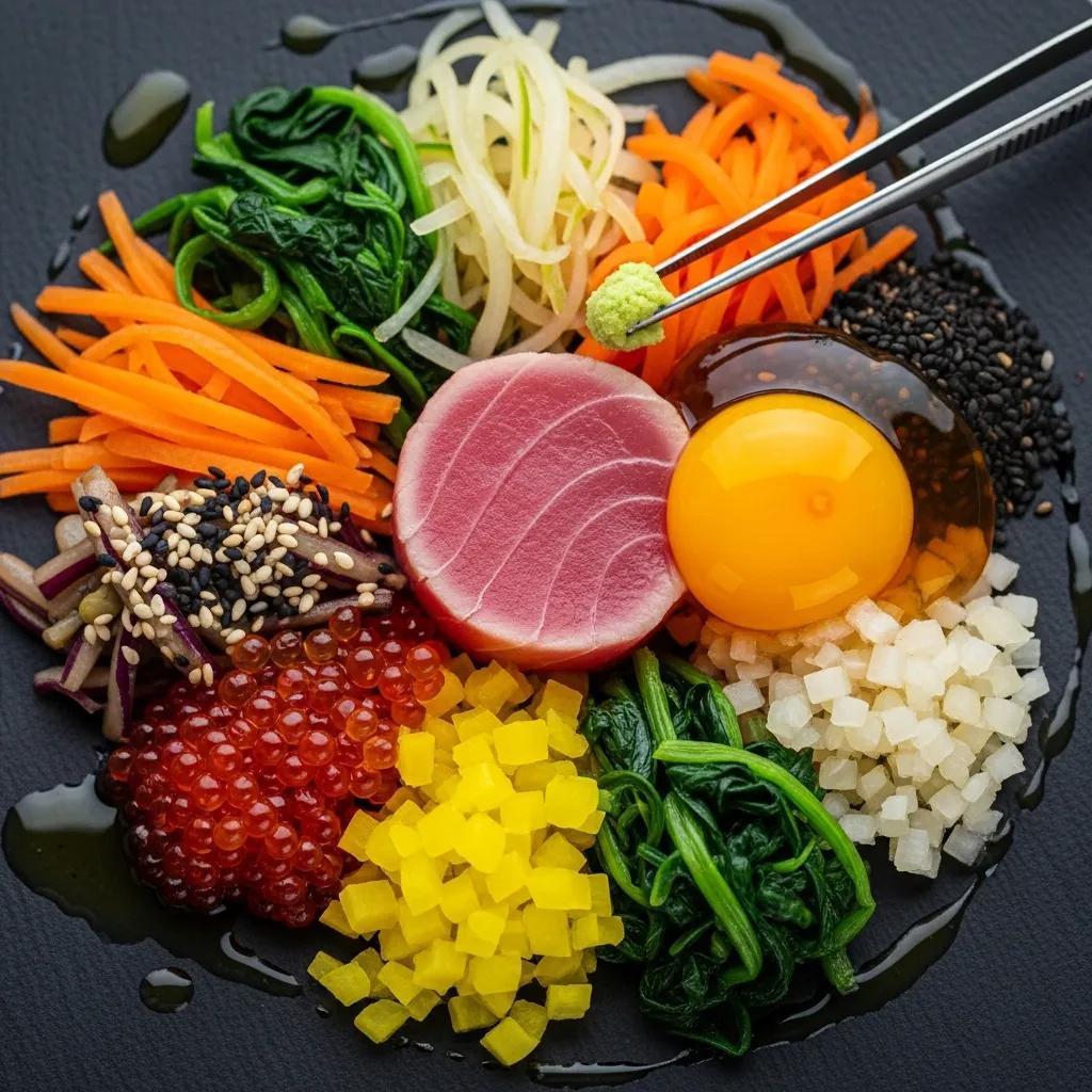 Artfully plated signature dish featuring vibrant components of New Korean cuisine, including tuna, egg yolk, fresh vegetables, and garnishes, arranged with sculptural simplicity and precision.