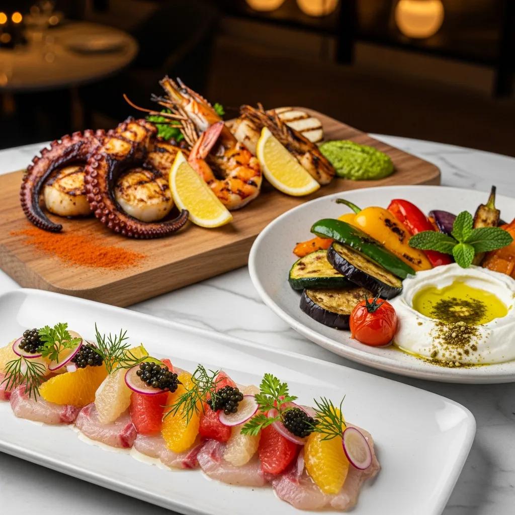 Signature plates from Kaviar&mdash;crudo, seafood mezze and roasted vegetables&mdash;presented with Japanese precision and Mediterranean ingredients