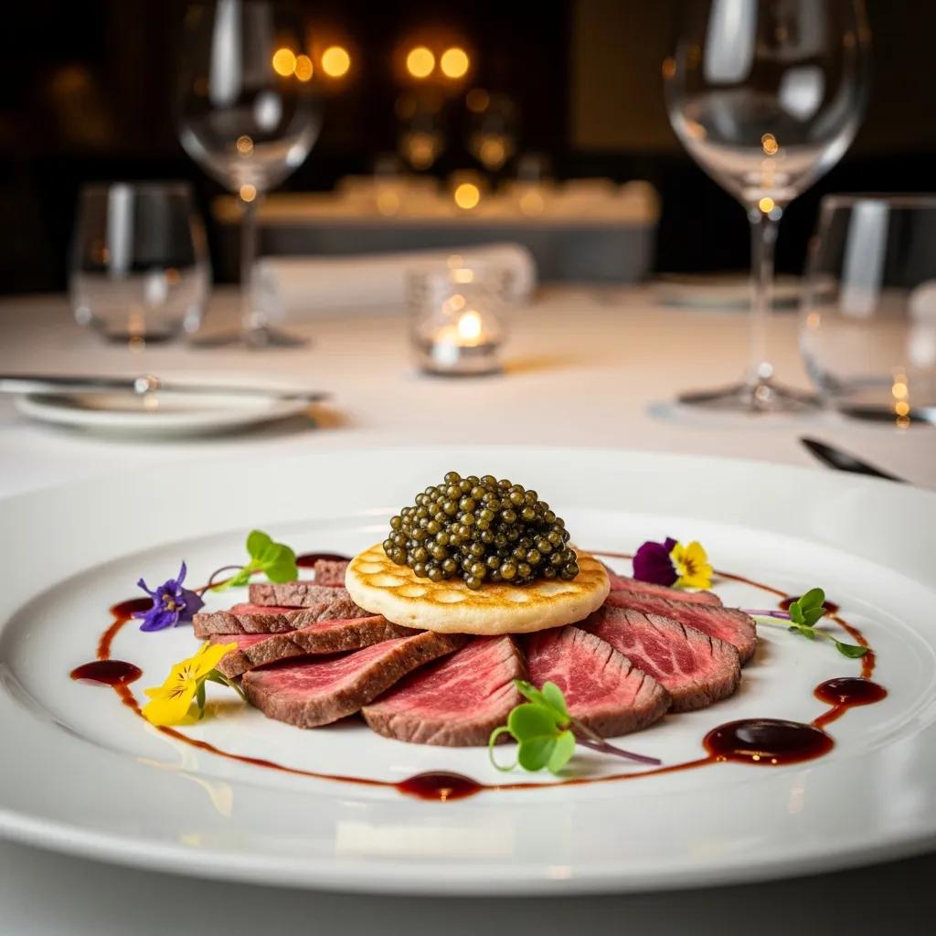 Artfully presented A5 Wagyu beef slices topped with caviar on a delicate pancake, garnished with edible flowers and sauce, showcasing luxury dining at Kaviar Restaurants.