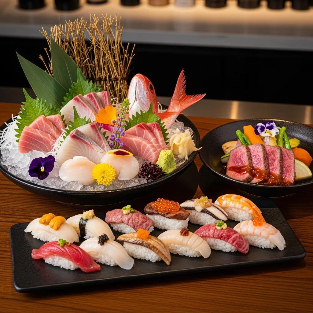 Artful omakase presentation at Kaviar featuring seasonal sashimi, nigiri, and A5 Wagyu accents