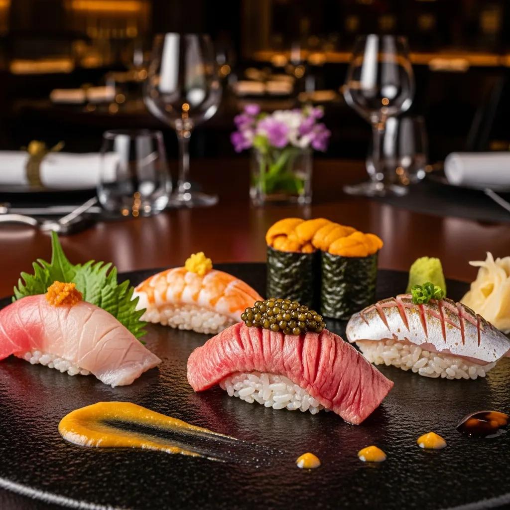 Artfully presented omakase dish featuring A5 Wagyu sushi topped with Kaluga caviar, alongside various sushi pieces, garnished with wasabi and sauces, set in an elegant dining atmosphere at Kaviar Restaurant.