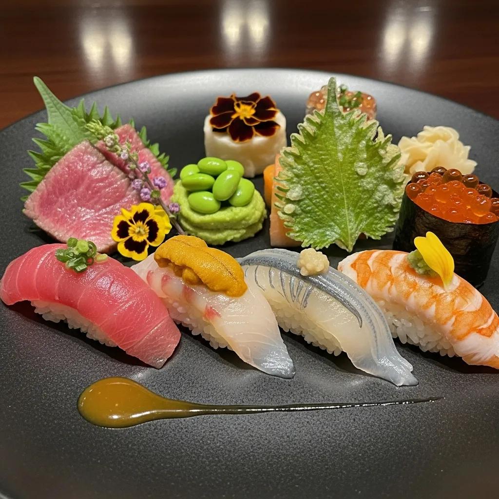 Artfully presented omakase dish featuring sushi and sashimi, including A5 Wagyu, sea urchin, and vibrant garnishes, showcasing Kaviar's Japanese fine dining experience.