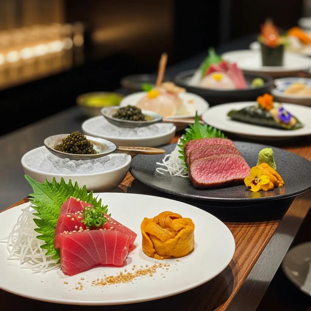 Artful omakase presentation featuring seasonal seafood, A5 Wagyu and curated caviar ideal for anniversaries