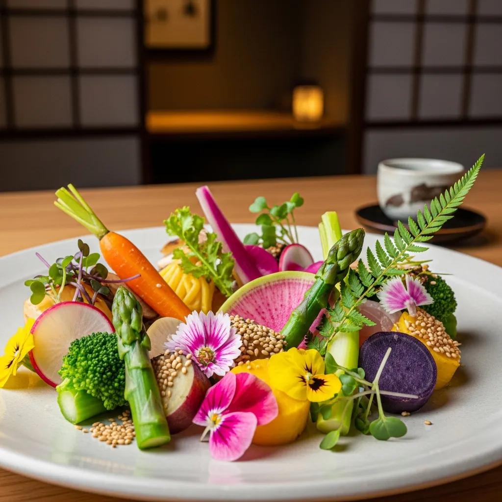 Seasonal plant-based omakase plate presented with Japanese restraint and detail