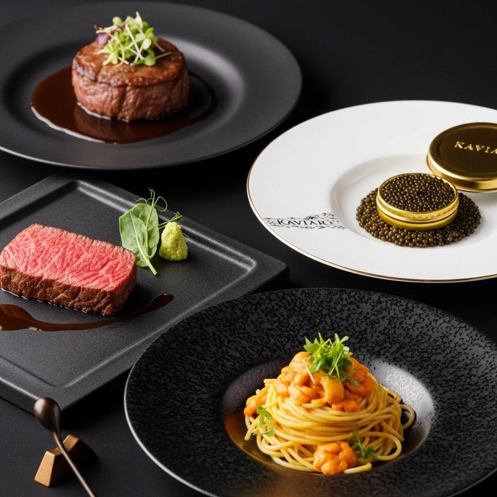 Artfully plated signature dishes at Kaviar, featuring A5 Wagyu and Kaluga caviar