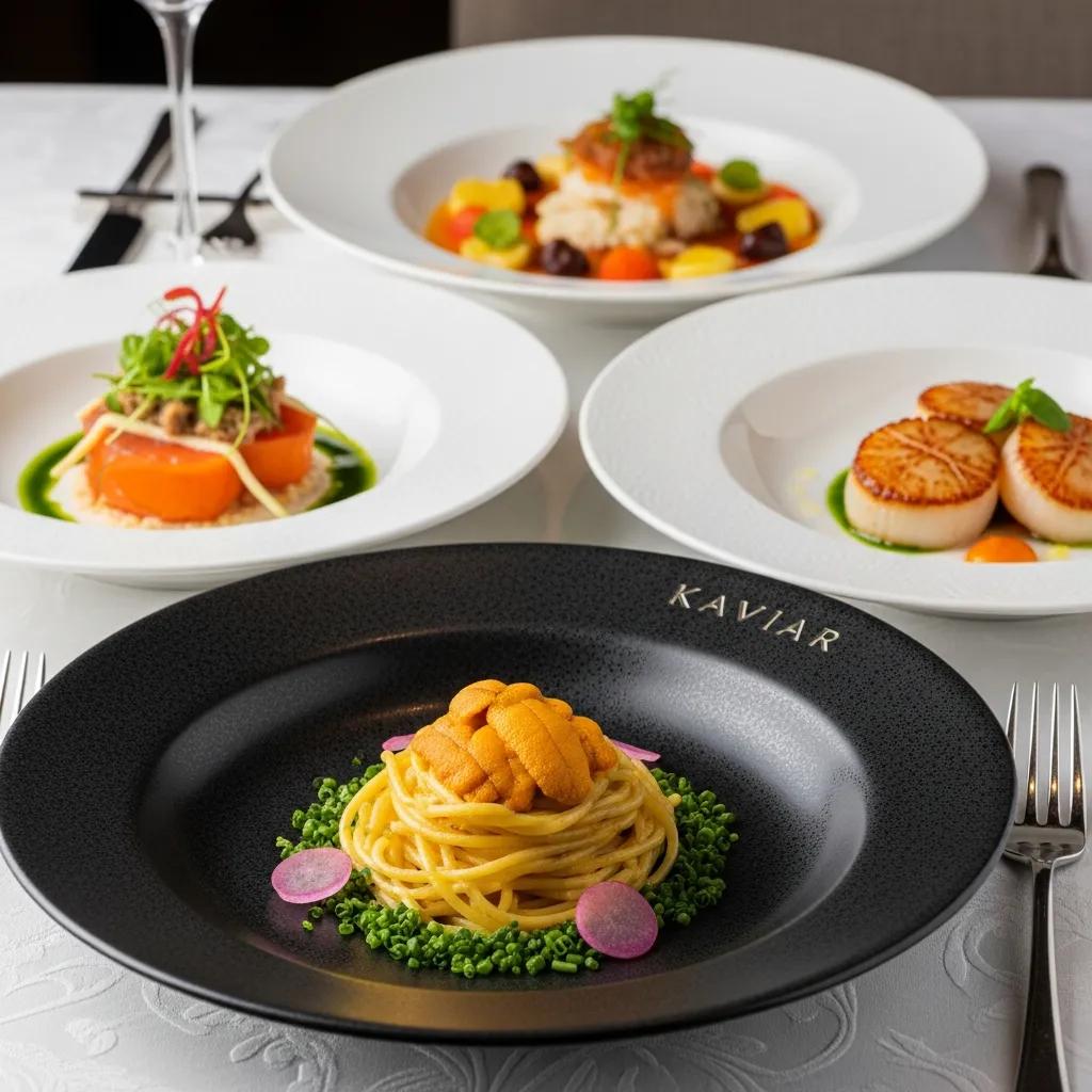 Artfully plated signature seasonal dishes at Kaviar, including uni pasta and seared Hokkaido scallops