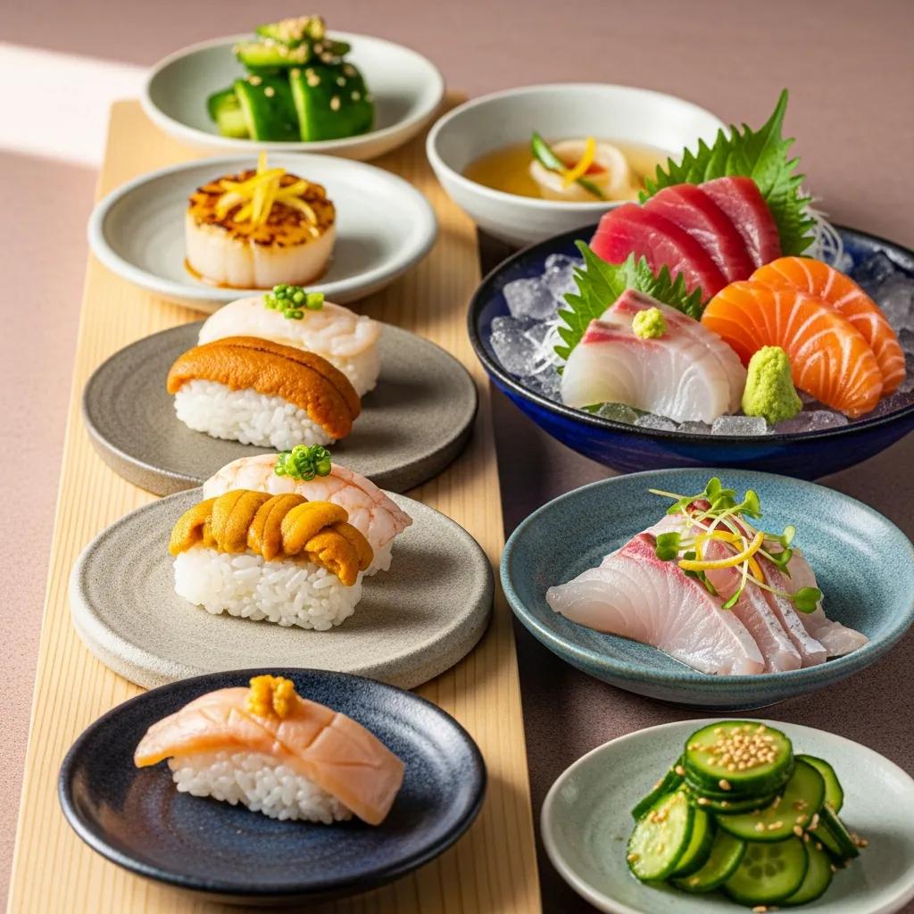 Artfully presented summer omakase dishes featuring a variety of sushi, including uni, hamachi, and seasonal whitefish, complemented by garnishes like microgreens and cucumber, emphasizing freshness and vibrant flavors.