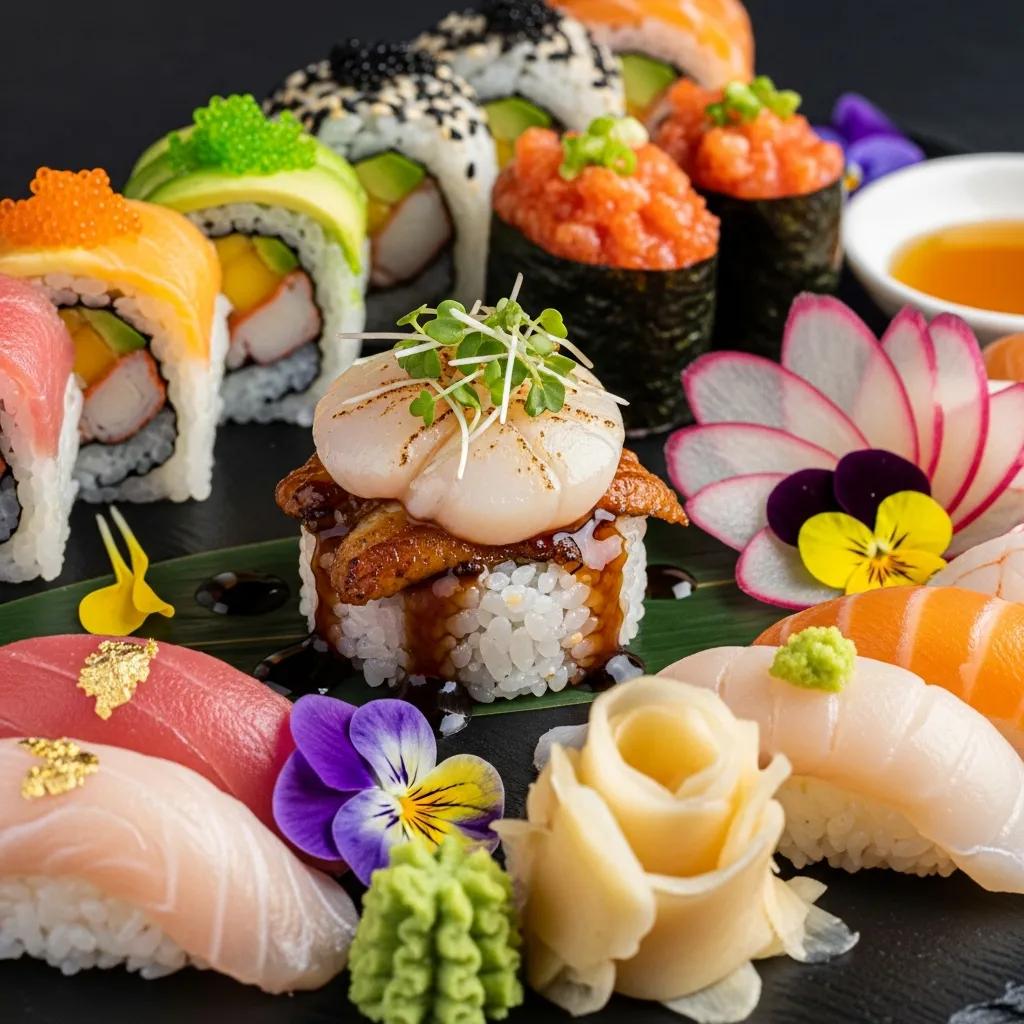 Artfully presented upscale sushi highlighting vibrant colors and intricate details