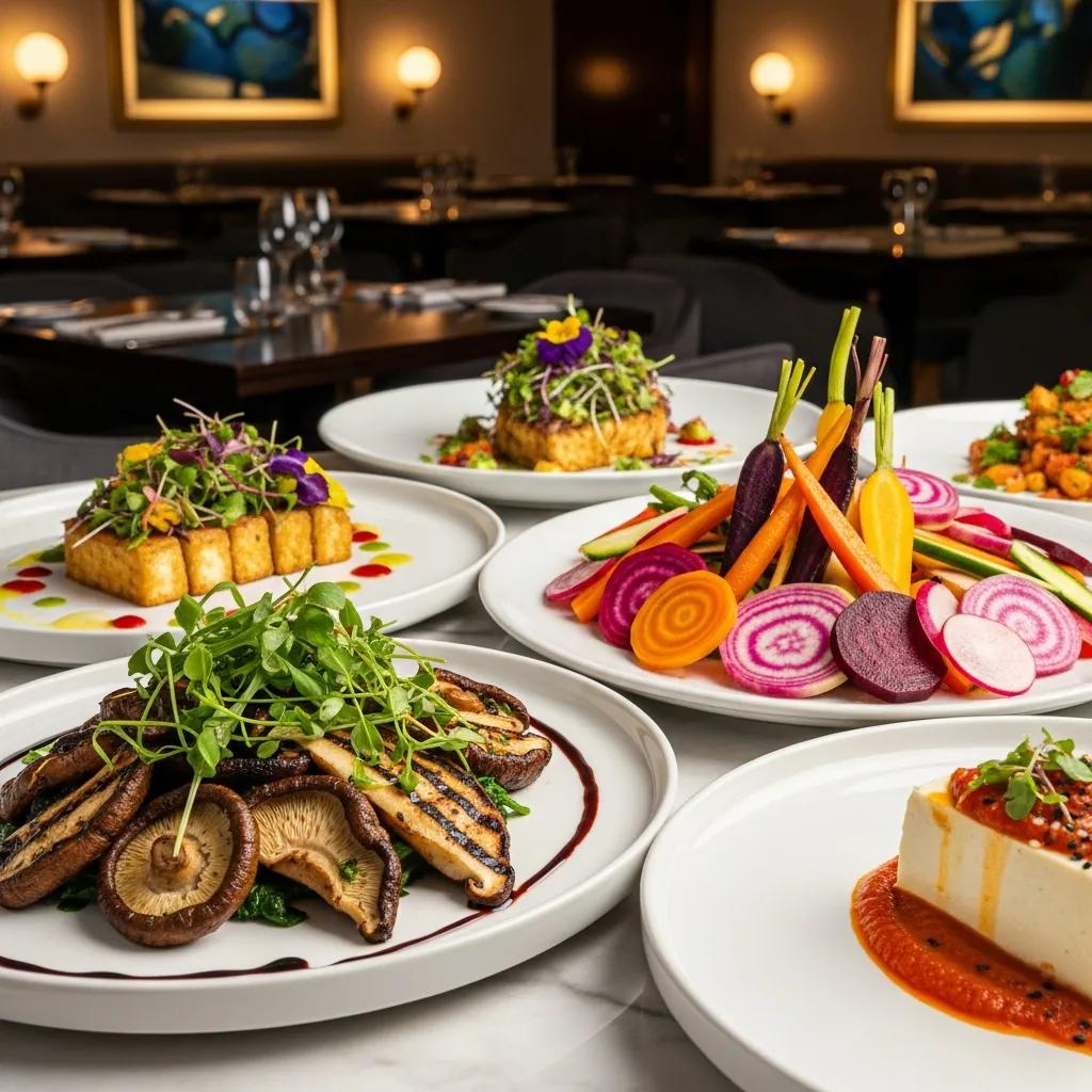 Artfully presented vegan and vegetarian dishes at Kaviar Restaurant, featuring grilled shiitake mushrooms, vibrant root vegetables, and a tofu dish, showcasing high-quality plant-based options in a refined dining setting.