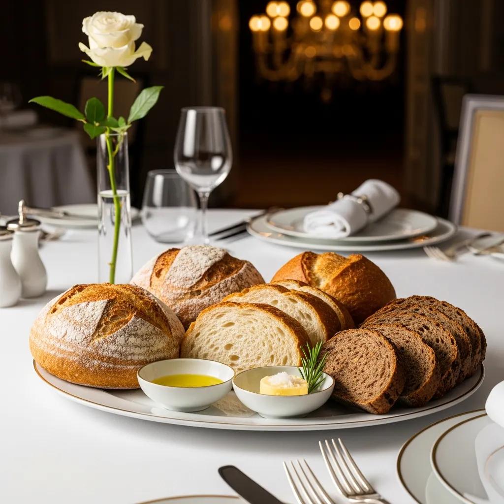 Artisan bread selection for luxury dining experience, featuring sourdough, milk bread, and rye on an elegant table