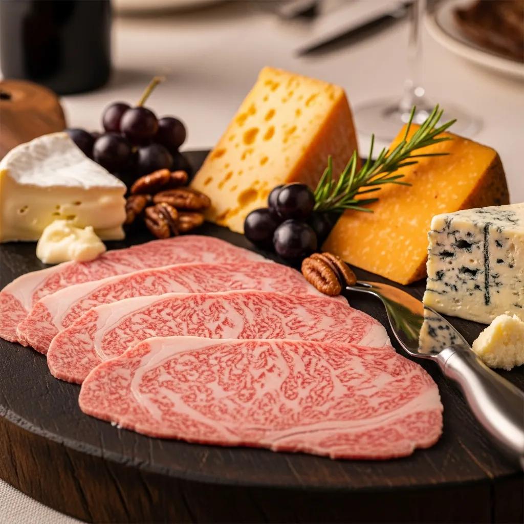 Composed pairing of artisan cheese with A5 Wagyu in an elegant dining setting