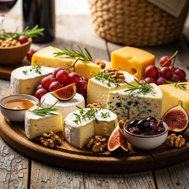 Artisan cheeses displayed on a wooden board, showcasing various types and textures