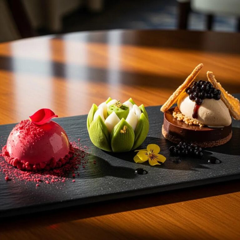 Artisan desserts featuring a delicate mousse, wagashi-inspired sweet, and caviar garnish in an elegant fine dining setting