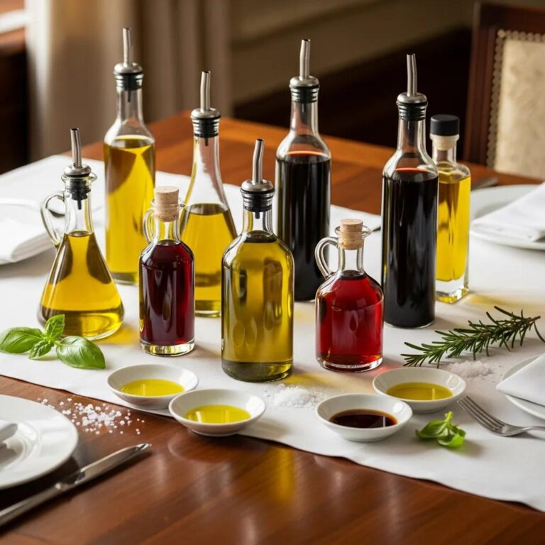 Artisan olive oils and gourmet vinegars elegantly displayed on a fine dining table, emphasizing premium culinary condiments
