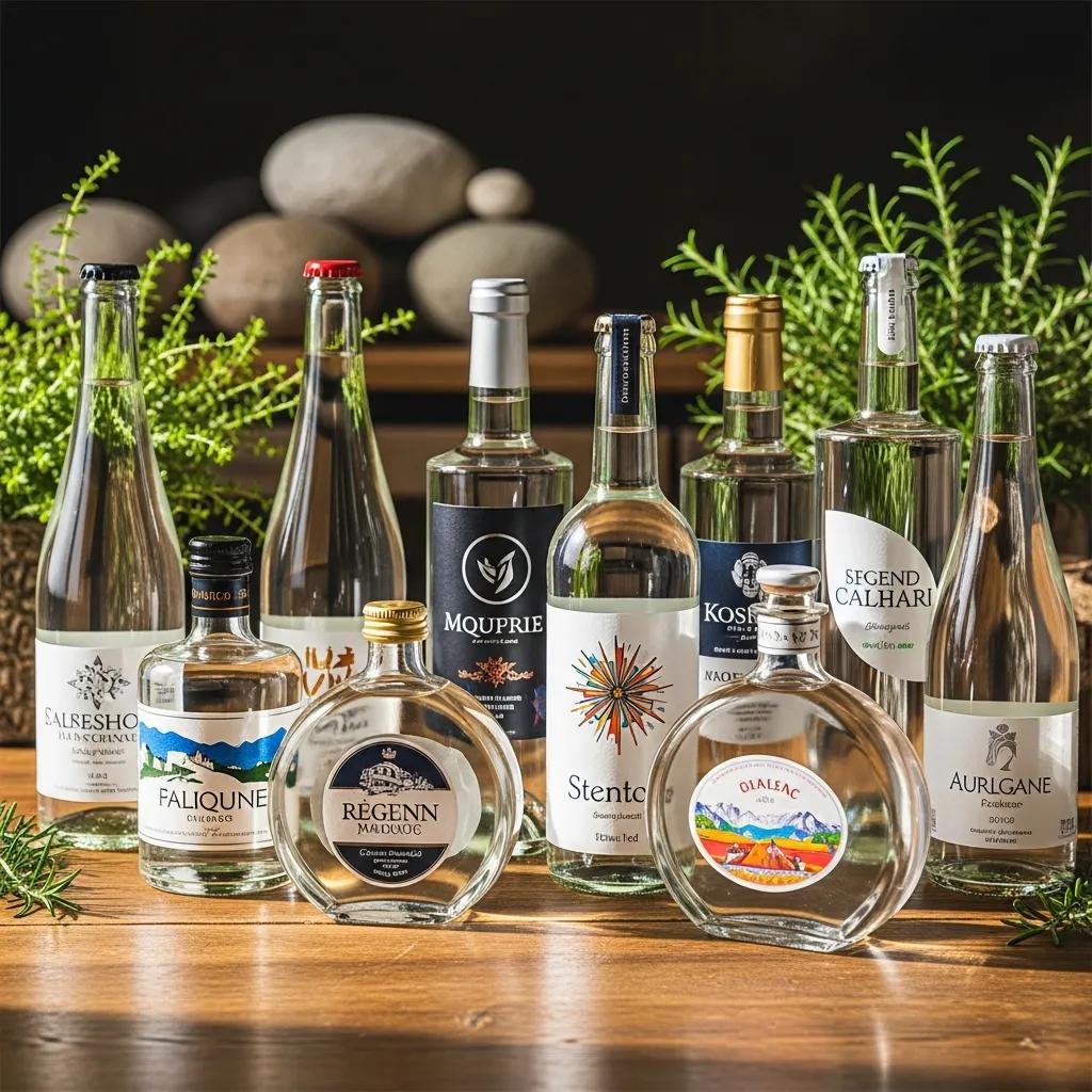 A selection of artisanal bottled waters displayed with curated labels on a timber surface